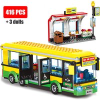 City Car Yellow Passenger School Bus Station Single-Deck Public Set Figures Model Building Blocks DIY Toys for Boys Gifts