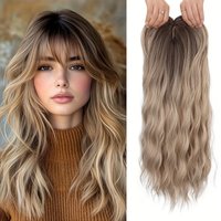22Inch Synthetic Lonh Wave Curly Hairpiece Topper Featuring Curtain Bangs Middle Part Hair Wigs for Women'S Everyday Use