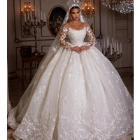 Gorgeous Wedding Dresses Sparkling Long Sleeve Lace Applique Princess Bridal Gowns Arab Dubai Plus Size Bride Dress Customized