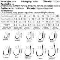 NEW 100pcs Boxed Iseini Hooks Barbless High Carbon Steel Black Pit Wild Fishing Long Shank Black Pit Fishing Tackle Supplies