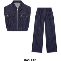 KASLEAD New Women's Fashion Set with Turn-down Collar Vest And Long Pants Sleeveless Spring Season Middle Waist Trousers
