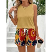 Women's Four Seasons Pajamas Elegant Floral Print Shorts Sleeveless Top Vest Pajama Set
