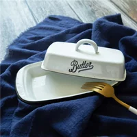 Retro Nostalgic Enamel with Lid Snack Tray Home Kitchen Tableware Butter Box Cheese Storage Box Cheese Plate Butter Dish