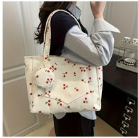 2Pcs【Tote Bag + Small Round Bag】Cherry-Embellished Large-Capacity Tote Bag for Women, Made of Corduroy Velvet Material, a Must-Have for Autumn and Winter, a Fashionable and Creative Shoulder Bag for