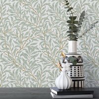 Pastel Green Leaves William Morris Peel & Stick Wallpaper, Antique Vintage Retro Decal, Self Adhesive Wall Paper For Home Decor