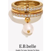 E.B.belle Multi-Layer CZ Pearl Charm Rings 18K Gold Plated 316L Stainless Steel Ring Fashion Elegant Office Ladies Jewelry Gift
