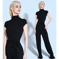 2026 New Standard Dance Clothes Women Ballroom Training Pants Short Sleeve High Collar Black Top Dancer Practice Trousers 3404