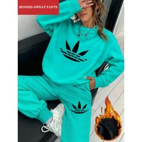 2Pc Creative Printed Y2K Style Autumn and Winter Hot-Selling Women's Fashion Casual Sports Fleece-Lined Crewneck Sweatshirt and Sweatpants Set