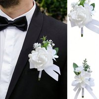 White Rose Wedding Groom's Boutonniere with Pearl and Green Leaf Artificial Floral Design, Groomsmen's Suit Lapel Flower, Wedding Party Accessory