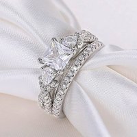 Huitan Luxury Princess Cubic Zirconia Set Rings Women for Wedding High-quality Silver Color Eternity Bride Rings Fashion Jewelry