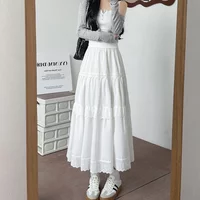 Korean Chic Lace Patchwork Long Skirt Women Summer High Waist A Line White Cake Skirts Woman All Match Mid Length Skirt Female