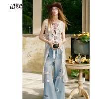 ELFSACK Women's Sheer Floral Lace Long Vest, V Neck Front Tie Sleeveless Long Outerwear, Scalloped Hem Layering