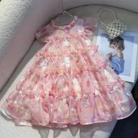 Pink 3-7 Year Old Girl Casual Clothes Summer New Round Neck Lace Floral Puff Cake Princess Sleeveless Dress Sweet Birthday
