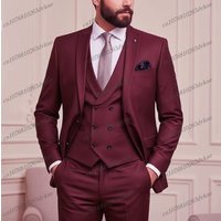 New Formal Customize Burgundy Business Men Suit Groom Groomsman Wedding Party Prom Male Tuxedos 3 Piece Set Blazer Vest Pants