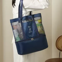 Mesh Tote Bag with Zipper Insulated Bottom, Large Reusable Shopping Bag for Picnic, Beach, Gym and Travel Dry Wet Separation