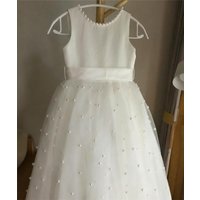 Luxury Flower Girl Wedding Dress Pearls Bow Belt Backless Sleeveless Princess Birthday Party Dress Kids First Communion Gown