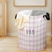 Purple Plaid Tulip Print Foldable Large Capacity Storage Bucket, Children's Toy and Clothing Storage, Home Bathroom