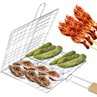Foldable BBQ Grill Mat Wooden Handle Reusable Meat Fish Clip Holder Stainless Steel Barbecue Grilling Grill Mesh Grilling Basket