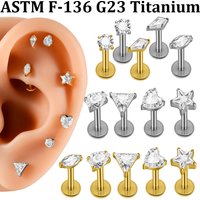 1PC G23 Solid Titanium Different Geometry CZ Paved Labret Star Heart Horseeye Zirconia Lip Ear Tragus Conch Lobe Earring Stud
