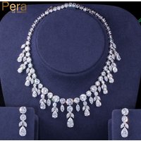 Pera Top Quality Shiny White Cubic Zirconia Tassel Drop Necklace and Earrings Wedding Bridal Dress Jewelry Sets for Women J143