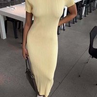 Fashionable Knitted Dress Pure Color Slim Fit Long Dress Versatile mid Waist Straight Tube Polyester Short Sleeve round Neck ...