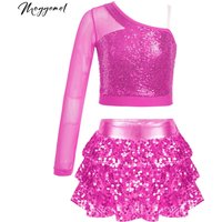Kids Girls 2Pcs Jazz Dance Outfit Costume Sheer One Shoulder Sequin Crop Top with Metallic Tiered Skirt Cheerleading Performance