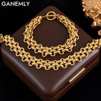 GANEMLY 316L Stainless Steel Cuban Chain Necklace Bracelet Set For Women Men New Punk 18K Gold Plated Waterproof Jewelry Set
