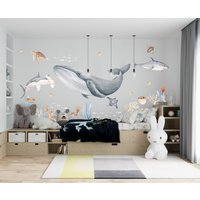 Large Watercolor Whale Shark Turtle Wall Sticker Boy Room Sea Life Ocean Neutral Wall Decal Playroom Home Decor