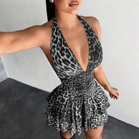 Sexy Hanging Design Mini Dress Women's Elegant Hight Waist Backless Slim Short Dress Vintage Leopard Pattern Print Party Dress