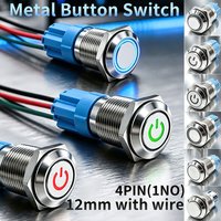 12mm Metal Push Button Switch IP66 Waterproof 4Pin 2Pin 1NO Latching Momentary 5 Color LED Light 3-6V 12-24V 110-220V With Wire