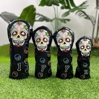 Golf Club Head Cover - Durable Black Protective Cover with Colorful Skull and Flower Design - Scratch resistant Golf Accessories