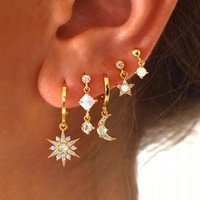 New Gold Color Geometric Pendant Hoop Earrings for Women Stainless Steel Crystal Star Moon Earring Cartilage Piercing Jewelry