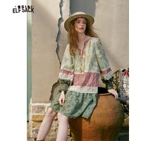 ELFSACK Women's Boho Patchwork Long Sleeve Mini Dress with Paisley Floral Print, Lace Trim V Neck Drawstring Flare Sleeve