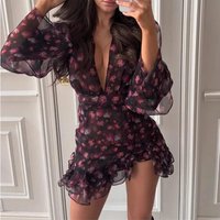 Sexy Print Ruffle Chiffon Mini Dress Women Chic Deep V-neck Long Puff Sleeve Cinched-waist Dresses 2026 Lady Vacation Party Robe