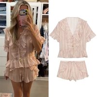 Women's Suit 2026 Summer New Style Pink Striped Short Sleeve Layered Decorative Top and Shorts Set Beach Vacation Fashionable