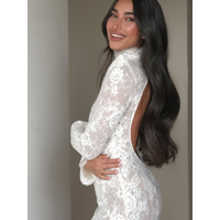 Elegant White Lace Long Sleeve Sexy Midi Dress for Women High Collar High Waist Bodycon Club Party Dress