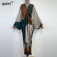 WINYI 2025 summer Retro Printed Party Long Dress Women Elegant kaftan Deep V Neck long Sleeve Dress Ladies Fashion Beach Dresses