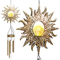 qwTaylor & Brown Solar Wind Chimes LED Moon Sun LightsWaterproof Outdoor Metal Chime Lamp for Garden, Patio, Yard, Deck (Sun)e