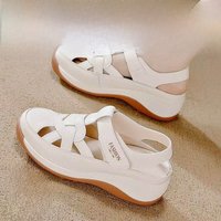True Soft Leather Roman Style Sandals Women's Spring Summer New Breathable Slip-On Hole Hole Shoes Casual Low Cut Rubber Sole