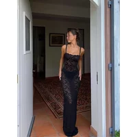 Solid Color Lace Hollow Out See Through Dresses Sexy Off-the-shoulder Slim Fit Spaghetti Strap Rodes Women Party Club Vestidos