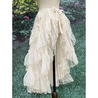 Gothic Lolita Lace Mesh Ruffles Fairy Princess Party Skirt Women Asymmetrical Cute Curtain Sheer Cover Up Thin Long Skirt White