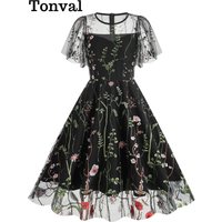 Tonval Evening Party Elegant Dresses Luxury 2023 Women Summer O-Neck Short Sleeve Floral Mesh Embroidered Vintage Long Dress