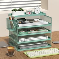 4-Tier Green Stackable Letter Tray Office Desk Organizer File Trays, Desktop Holder for Paper Letter Accessories with Pen Holder