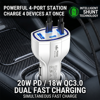 Fast Car Charger 4in1 Ports PD 20W Dual Type C and Dual USB A Quick Charge 3.0 Phone Adapter For iPhone 17 16 Pro Max For iPad