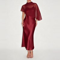 Women Fashion Clothing Temperament Solid Party Dress Summer Luxury Style Draped Gown Elegant O-neck Cape Sleeve Satin Long Dress