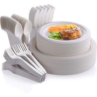 40Pcs Compostable Paper Plates with Cutlery Set,Disposable Biodegradable Utensil Eco-Friendly Dinnerware Includes Plates,cutlery