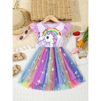 Summer Kids Baby Girl's Dress Cute Cartoon Printed Sleeveless Princess Dress Colorful Mesh Kids Ball Gown Baby Girls Clothes