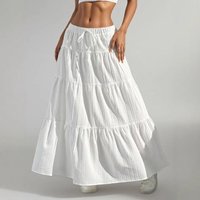 Women Solid Color Long Pleated Skirts Lace Up Bow Summer Casual Sweet Streetwear Office Lady High Waist Elastic Cake Skirts