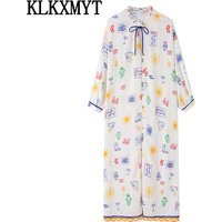 KLKXMYT 2026 New Women Fashion Printed Dress Long Dresses With Tied V neck Bohemian Style Long Sleeve Casual Spring Dress