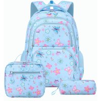 Kids Backpack for Girls, 3PCS Rainbow & Butterflies Teen Girls Backpack with Lunch Box & Pencil Case, Cute Bookbag
